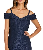 R & M Richards Petite Size Off-the-Shoulder Cap Sleeve Sweetheart Lace Gown