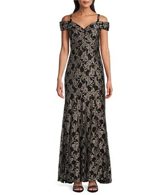 R & M Richards Petite Size 2-Tone Glitter Lace Sweetheart Neck Cold Shoulder Cap Sleeve Gown