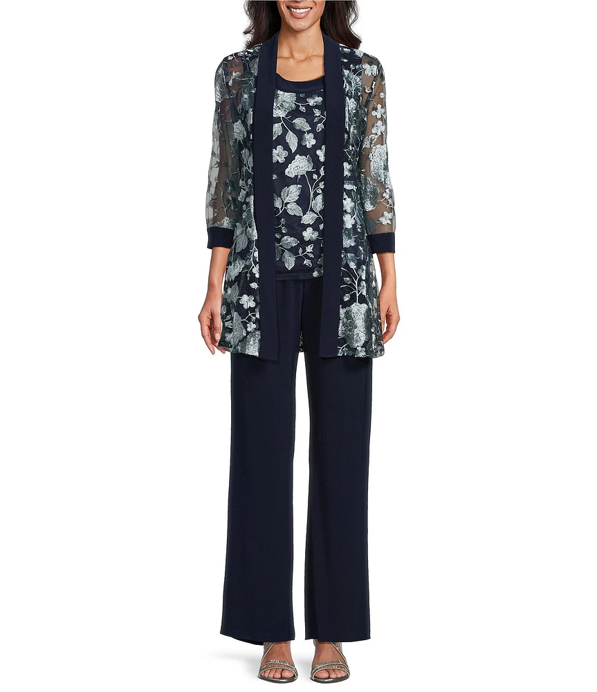 R & M Richards Petite Size 3-Piece Embroidered Pant Set