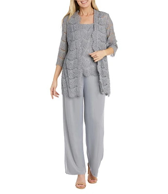 R & M Richards Petite Size 3/4 Sleeve Crew Neck Scalloped Lace 3-Piece Pant Set