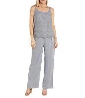 R & M Richards Petite Size 3/4 Sleeve Crew Neck Scalloped Lace 3-Piece Pant Set