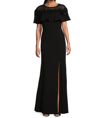 R & M Richards Petite Size Crew Illusion Neckline Short Sleeve Beaded Applique Sheath Gown