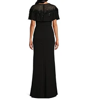 R & M Richards Petite Size Crew Illusion Neckline Short Sleeve Beaded Applique Sheath Gown