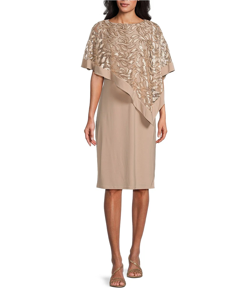 R & M Richards Petite Size Crew Neck Short Sleeve Embroidered Sequin Poncho Overlay Sheath Dress