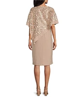 R & M Richards Petite Size Crew Neck Short Sleeve Embroidered Sequin Poncho Overlay Sheath Dress