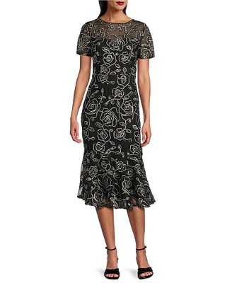 R & M Richards Petite Size Floral Braid Embroidered Soutache Crew Neck Short Sleeve Flounce Hem Midi Dress