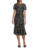 R & M Richards Petite Size Floral Braid Embroidered Soutache Crew Neck Short Sleeve Flounce Hem Midi Dress