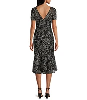 R & M Richards Petite Size Floral Braid Embroidered Soutache Crew Neck Short Sleeve Flounce Hem Midi Dress