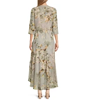 R & M Richards Petite Size Floral Print Chiffon Bolero 3/4 Sleeve V-Neck Asymmetrical Ruffle Hem 2-Piece Jacket Dress