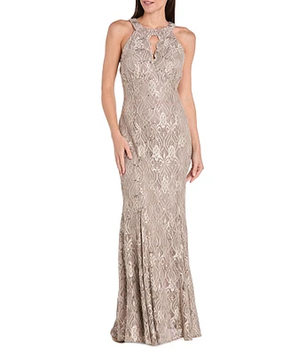 R & M Richards Petite Size Keyhole Neck Glitter Lace Scalloped Bodice Mermaid Gown