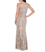 R & M Richards Petite Size Keyhole Neck Glitter Lace Scalloped Bodice Mermaid Gown