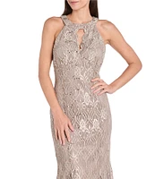 R & M Richards Petite Size Keyhole Neck Glitter Lace Scalloped Bodice Mermaid Gown