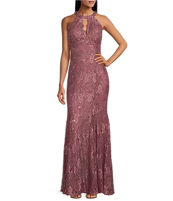 R & M Richards Petite Size Keyhole Neck Glitter Lace Scalloped Bodice Mermaid Gown