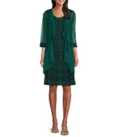 R & M Richards Petite Size Matte Jersey Chiffon Round Neck 3/4 Sleeve Beaded Glitter 2-Piece Jacket Dress