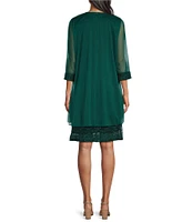 R & M Richards Petite Size Matte Jersey Chiffon Round Neck 3/4 Sleeve Beaded Glitter 2-Piece Jacket Dress