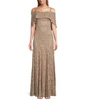 R & M Richards Petite Size Off-The-Shoulder Short Sleeve Sequin Lace Mermaid Gown