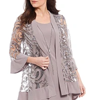 R & M Richards Petite Size Scoop Neck 3/4 Sleeve Embellished Sequin Jersey 2-Piece Jacket Dress