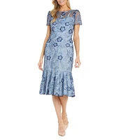 R & M Richards Petite Size Short Sleeve Crew Neck Embroidered Midi Flounce Dress