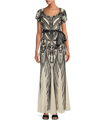 R & M Richards Petite Size Short Sleeve Sweetheart Neck Sequin Panel Godet Embellished Dress