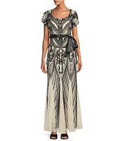 R & M Richards Petite Size Short Sleeve Sweetheart Neck Sequin Panel Godet Embellished Dress