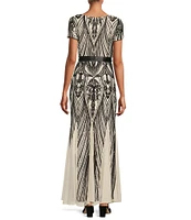R & M Richards Petite Size Short Sleeve Sweetheart Neck Sequin Panel Godet Embellished Dress