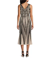 R & M Richards Petite Size Sleeveless Square Neck Two Tone Beaded Godet Skirt Midi Dress