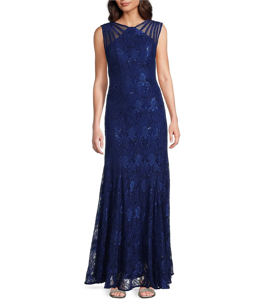 R & M Richards Petite Size Sleeveless Lace Round Neck Fit and Flare Dress