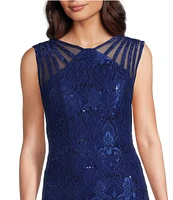 R & M Richards Petite Size Sleeveless Lace Round Neck Fit and Flare Dress