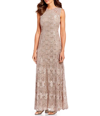 R & M Richards Petite Size Sleeveless Lace Round Neck Fit and Flare Dress