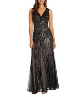 R & M Richards Petite Size Sleeveless V-Neck Sequin Godet Skirt Maxi Dress