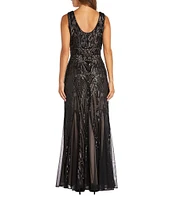 R & M Richards Petite Size Sleeveless V-Neck Sequin Godet Skirt Maxi Dress