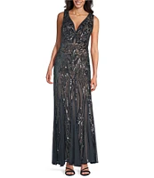 R & M Richards Petite Size Sleeveless V-Neck Sequin Godet Skirt Maxi Dress