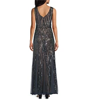 R & M Richards Petite Size Sleeveless V-Neck Sequin Godet Skirt Maxi Dress