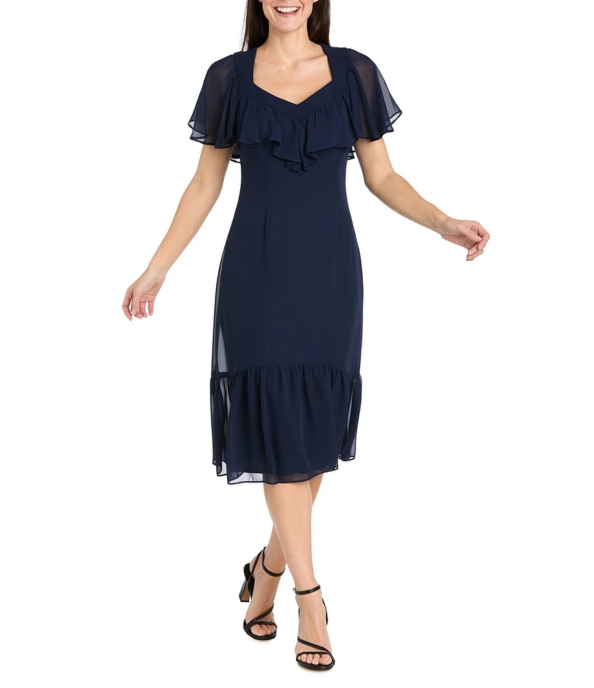 R & M Richards Petite Size Sweetheart Neck Drop Waist Midi Dress
