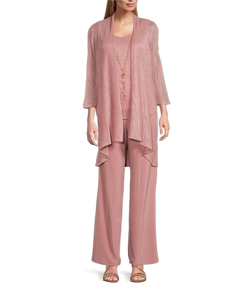 R & M Richards Pleated Crinkle Metallic Scoop Neck 3/4 Sleeve 3-Piece Pant Set
