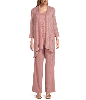 R & M Richards Pleated Crinkle Metallic Scoop Neck 3/4 Sleeve 3-Piece Pant Set