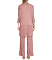 R & M Richards Pleated Crinkle Metallic Scoop Neck 3/4 Sleeve 3-Piece Pant Set