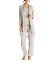 R & M Richards Pleated Crinkle Metallic Scoop Neck 3/4 Sleeve 3-Piece Pant Set
