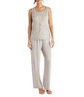 R & M Richards Pleated Crinkle Metallic Scoop Neck 3/4 Sleeve 3-Piece Pant Set