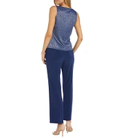 R & M Richards Pleated Crinkle Metallic Scoop Neck 3/4 Sleeve 2-Piece Pant Set