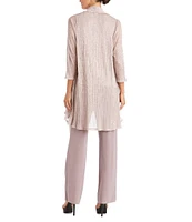 R & M Richards Pleated Crinkle Metallic Scoop Neck 3/4 Sleeve 3-Piece Pant Set