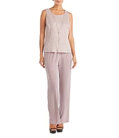 R & M Richards Pleated Crinkle Metallic Scoop Neck 3/4 Sleeve 3-Piece Pant Set