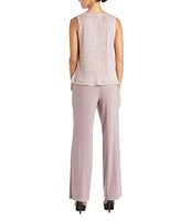 R & M Richards Pleated Crinkle Metallic Scoop Neck 3/4 Sleeve 3-Piece Pant Set