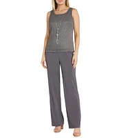 R & M Richards Pleated Crinkle Metallic Scoop Neck 3/4 Sleeve 2-Piece Pant Set