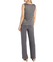 R & M Richards Pleated Crinkle Metallic Scoop Neck 3/4 Sleeve 2-Piece Pant Set