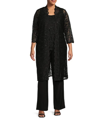 R & M Richards Plus Size Scoop Neck 3/4 Sleeve Scallop Glitter Lace Duster 3-Piece Pant Set