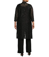 R & M Richards Plus Size Scoop Neck 3/4 Sleeve Scallop Glitter Lace Duster 3-Piece Pant Set