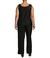 R & M Richards Plus Size Scoop Neck 3/4 Sleeve Scallop Glitter Lace Duster 3-Piece Pant Set