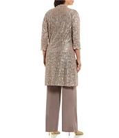 R & M Richards Plus Size Scoop Neck 3/4 Sleeve Scallop Glitter Lace Duster 3-Piece Pant Set