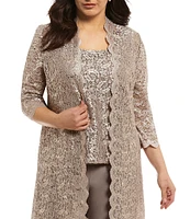 R & M Richards Plus Size Scoop Neck 3/4 Sleeve Scallop Glitter Lace Duster 3-Piece Pant Set